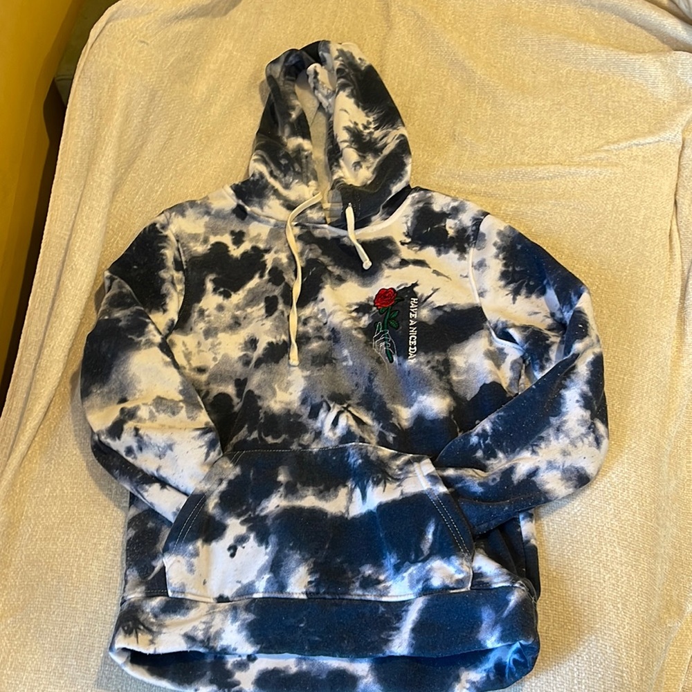 Blue Tie Dye Sweatshirt With "Have A Nice Day" Rose Embroidery, Sz:S